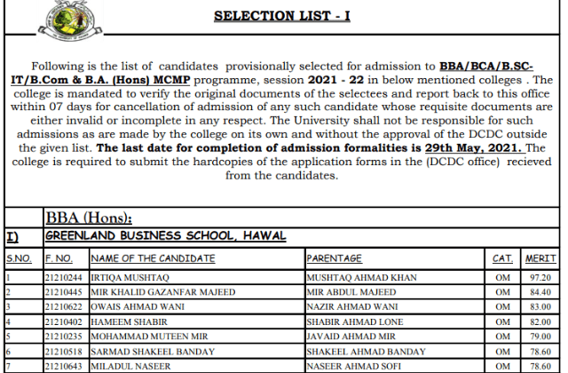 Kashmir University Admission 2021: KU Releases Provisional Admission ...