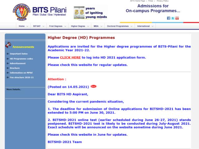 BITS HD 2021 Application Dates Exam Dates