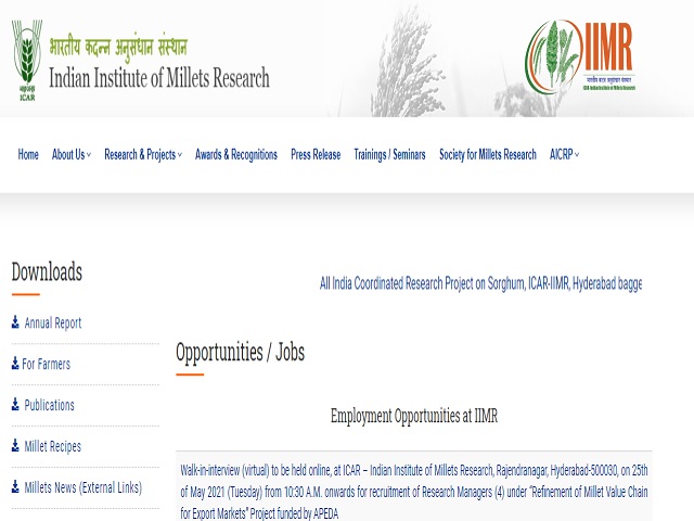 Indian Institute of Millets Research (IIMR) Recruitment 2021, Walk in for Research Manager Posts @millets.res.in