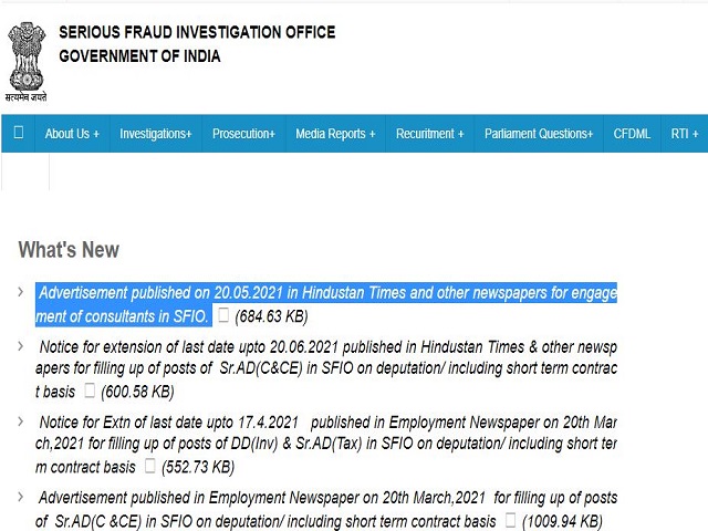 Serious Fraud Investigation Office (SFIO) Recruitment 2021 for 66 Young Professional and Consultant Posts Across India