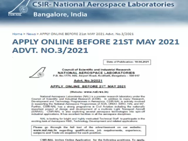 NAL Recruitment 2021: Apply Technical Assistant, Senior Technical Officer and Other Posts