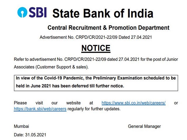 SBI Clerk Prelims Exam Postponed 2021 due to COVID -19, Official Notice Out  @sbi.co.in