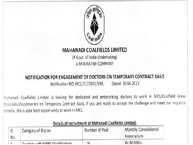 Mahanadi Coalfields Recruitment 2021 for GDMO  & Specialists, Download MCL Doctor Notification @mahanadicoal.in