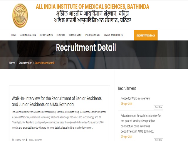 AIIMS Bathinda Recruitment 2021, Walk in for 40 Senior and Junior Resident Posts before 05 May
