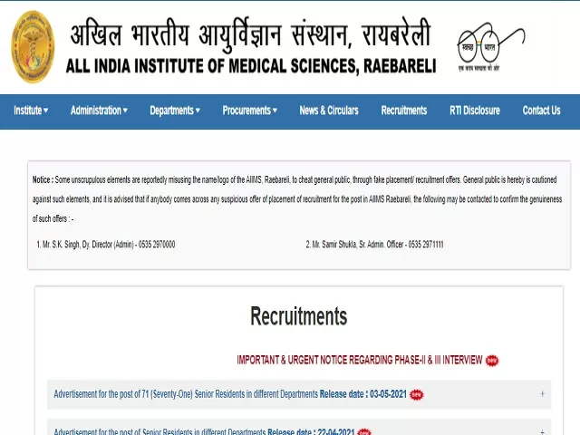 All India Institute of Medical Sciences Raebareli Senior Resident Posts