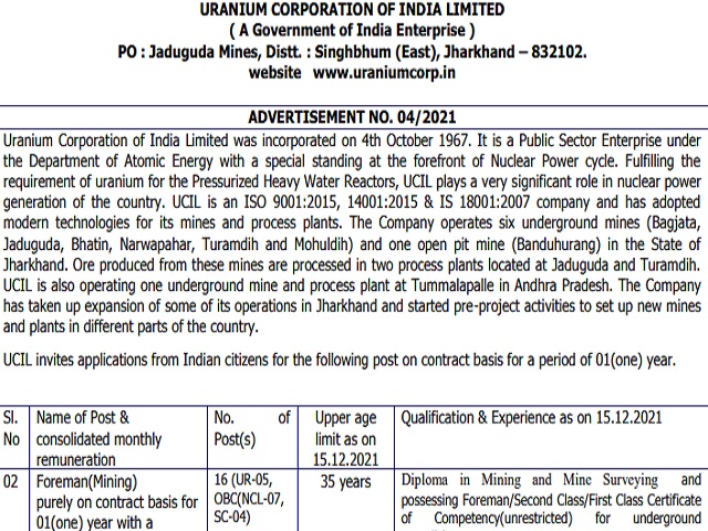 UCIL Recruitment 2021 for 16 Foreman Posts: Submit Applications before 15 December 