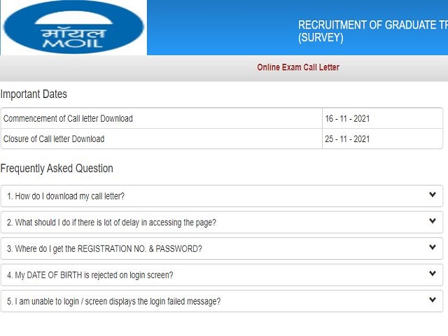 MOIL Admit Card 2021 for GT and Manager Released @moil.nic.in, Download Call Letter Here