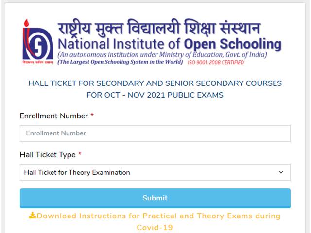 NIOS Hall Tickets 2021 Released