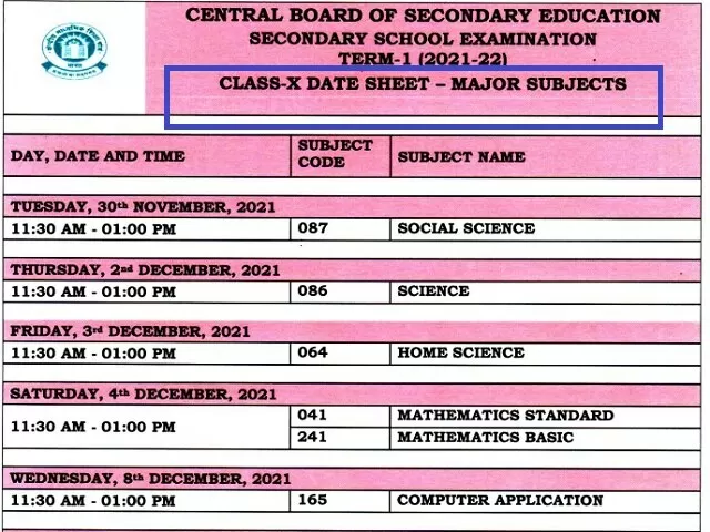 Cbse Class 10 Term 1 Exam Date Sheet 2022 Cbse 10th Time Table Pdf