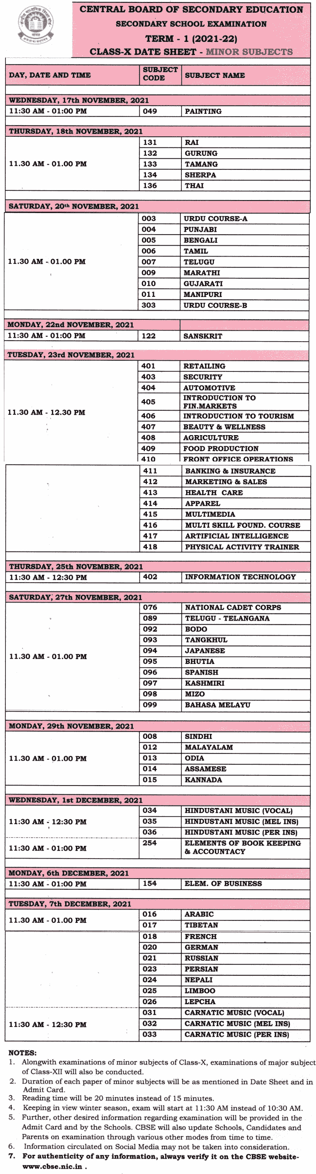 cbse-10th-date-sheet-2021-22-term-1-for-minor-subjects-released