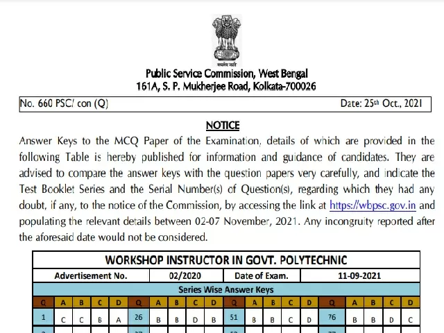  WBPSC Workshop Instructor Prelims 2021 Answer Key