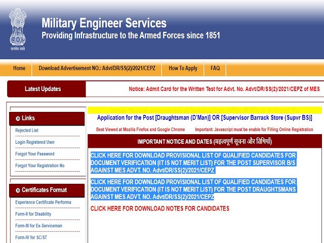 MES Result 2021 for Draughtsman and Supervisor Released @mes.gov.in, Download PDF Here