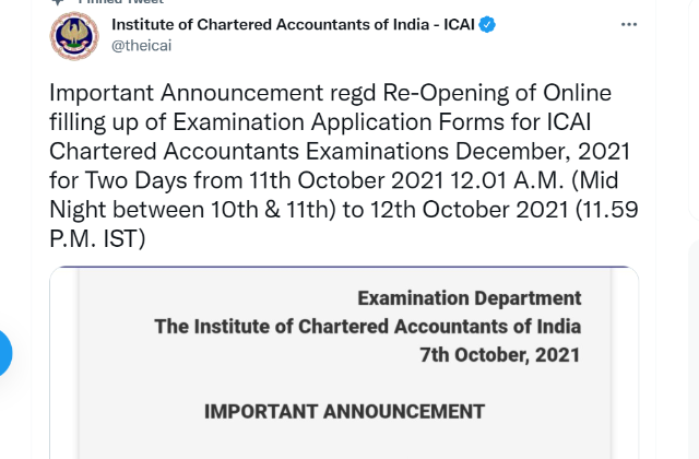 ICAI CA December Exam 2021: Application Window to Reopen for 2-days ...