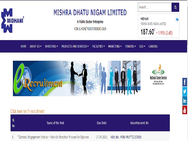 MIDHANI Recruitment 2021 for Junior Assistant, Trainee and other Posts @midhani-india.in, Download PDF