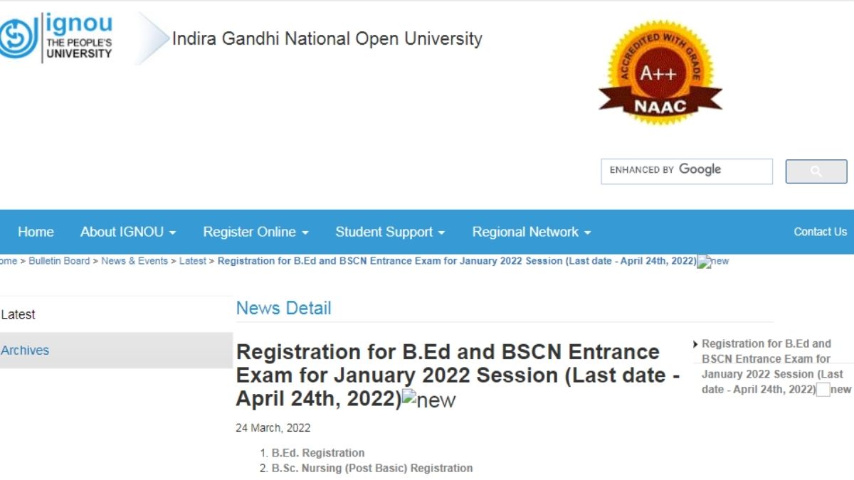 IGNOU B.Ed, B.Sc Nursing 2022 Application Dates Extended, Get Direct ...