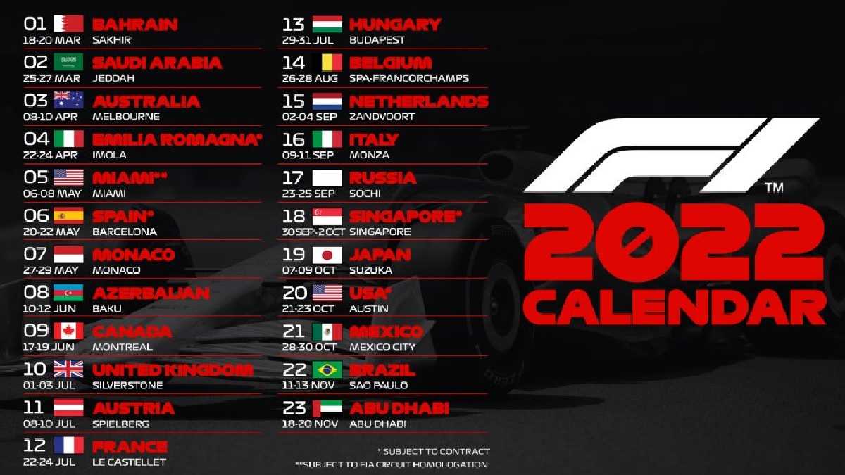 F1 Calendar 2022; Image source: Formula1.com (Official)