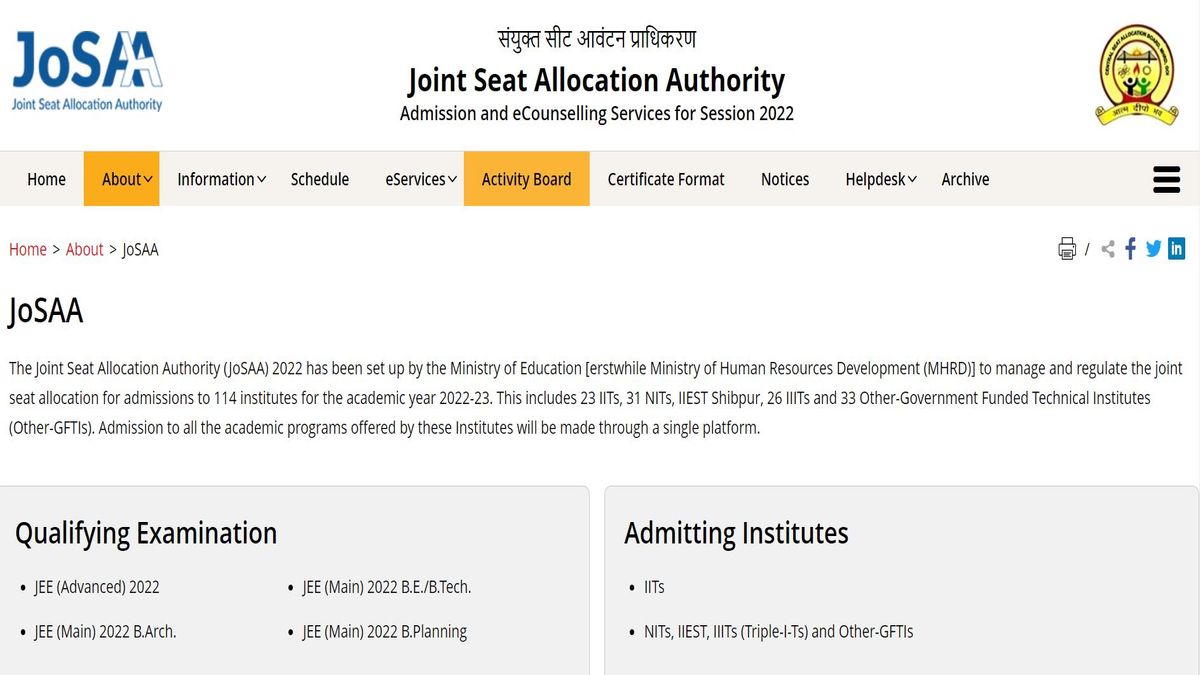 JoSAA 2022 Official Website Launched, Notification and Counselling