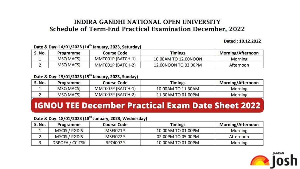 IGNOU TEE Date Sheet 2022 for Practical Exam