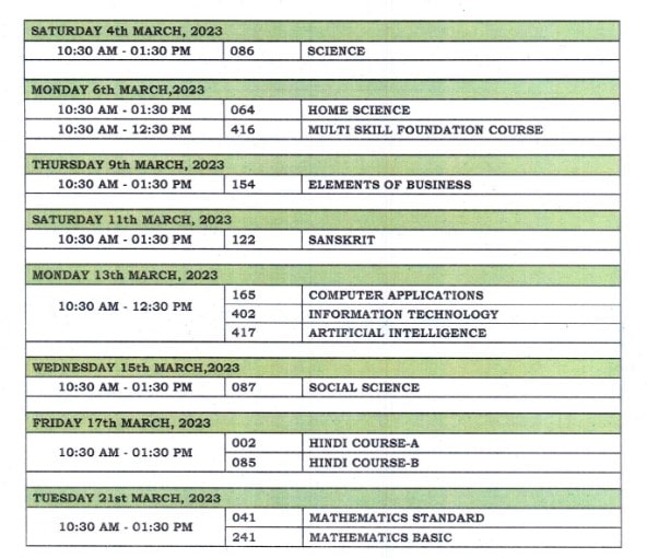 CBSE Class 10 Date sheet 2022-23 
