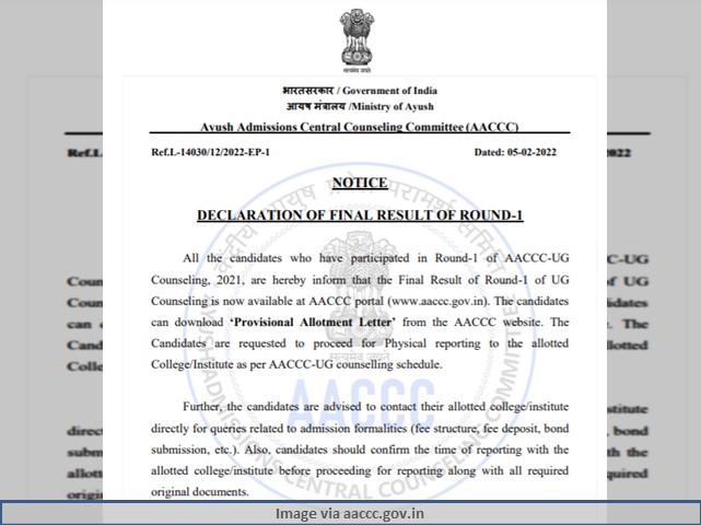 NEET AYUSH Round 1 Seat Allotment Result 2021