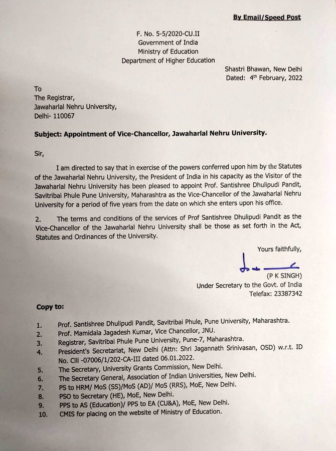 Prof Santishree Dhulipudi Pandit appointed as JNU's First Female Vice