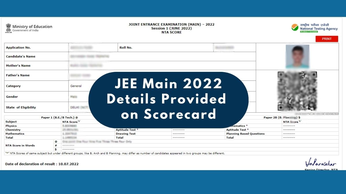 JEE Main 2022 Candidate Sample Scorecard