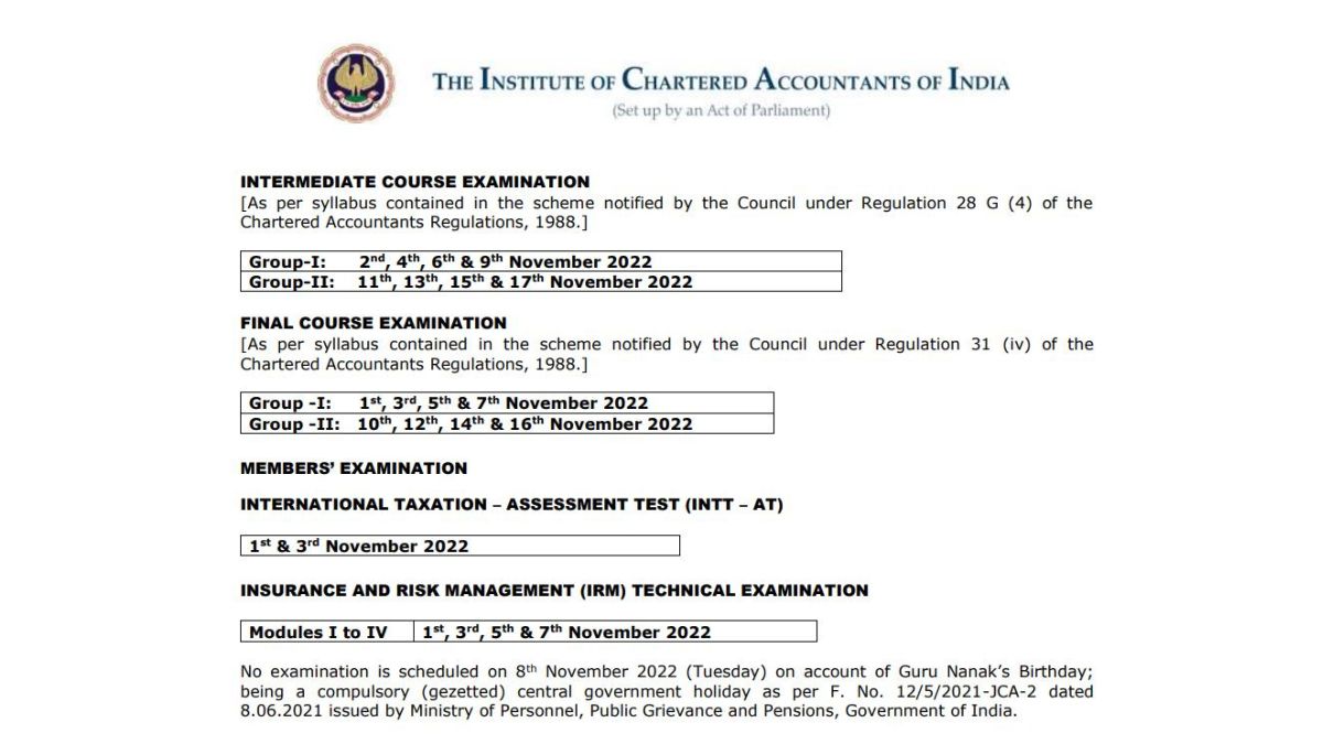 ICAI CA 2022 November Session Exam Dates Released at Check
