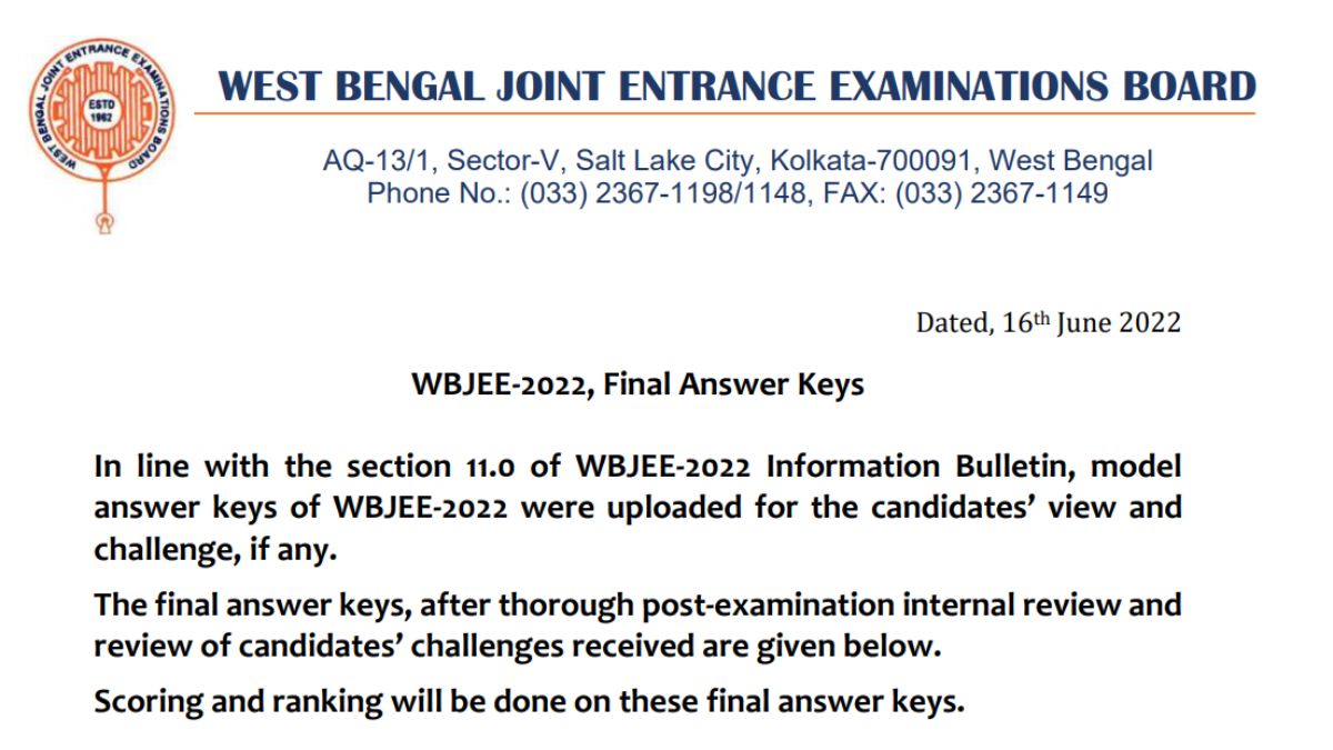WBJEE Result 2022 Tomorrow WBJEE Final Answer Key Released for