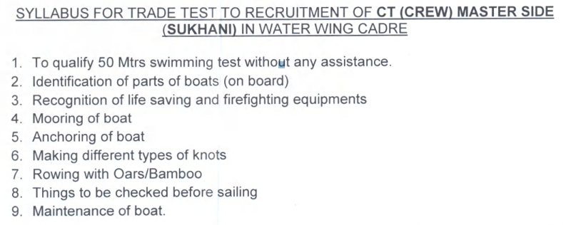 BSF Water Wing Trade Test Syllabus
