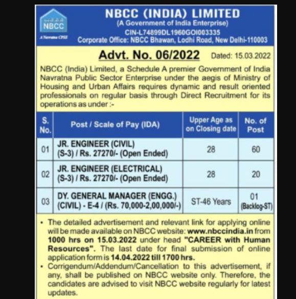 NBCC JE Recruitment 2022: Apply Online For 81 Posts @nbccindia.com