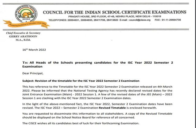 ISC Semester 2 Revised Time Table