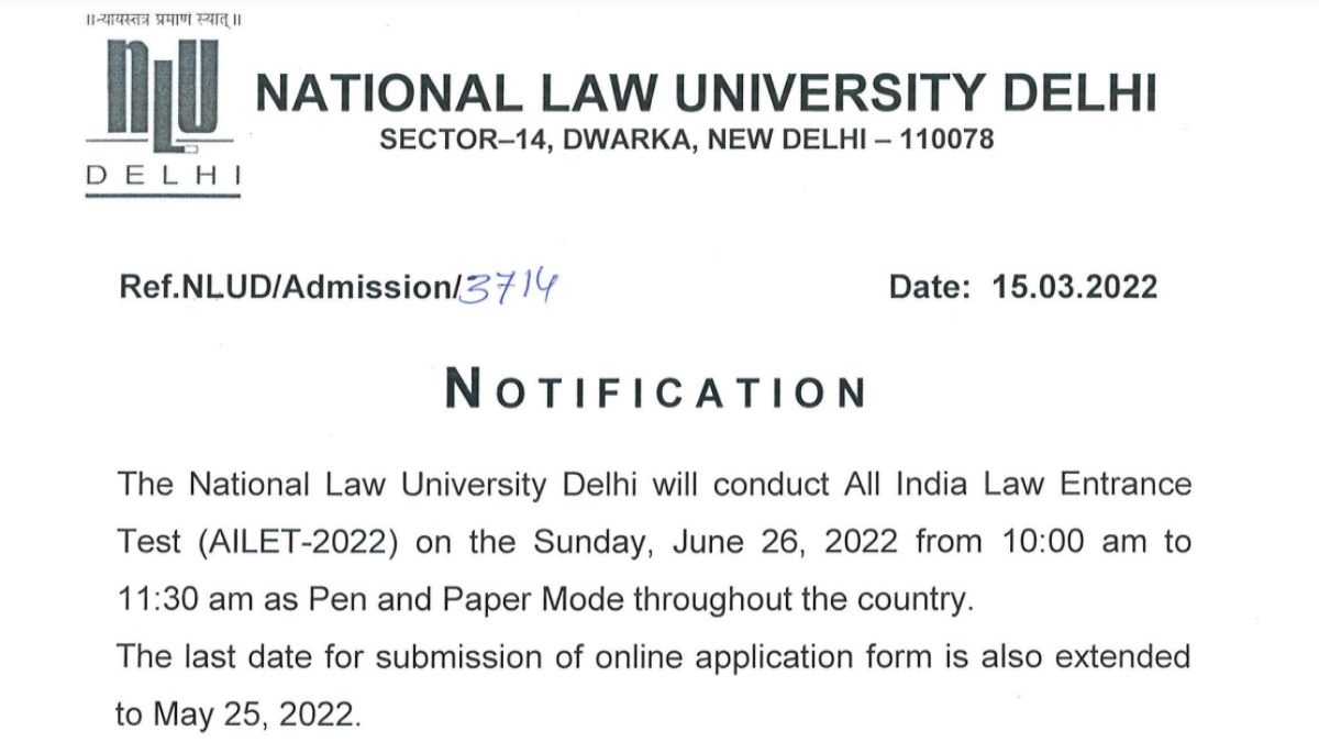 AILET 2022 (Postponed) NLU Delhi defers Law Entrance Test to 26th June