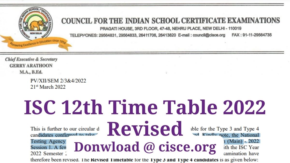 ISC 12th Time Table 2022 Revised
