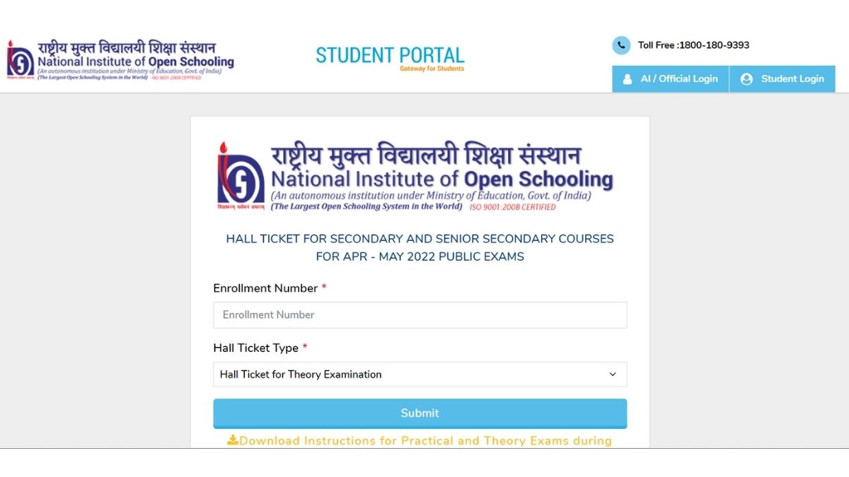 NIOS 10th And 12th Hall Ticket 2022 (OUT): NIOS Theory Exam Hall ...