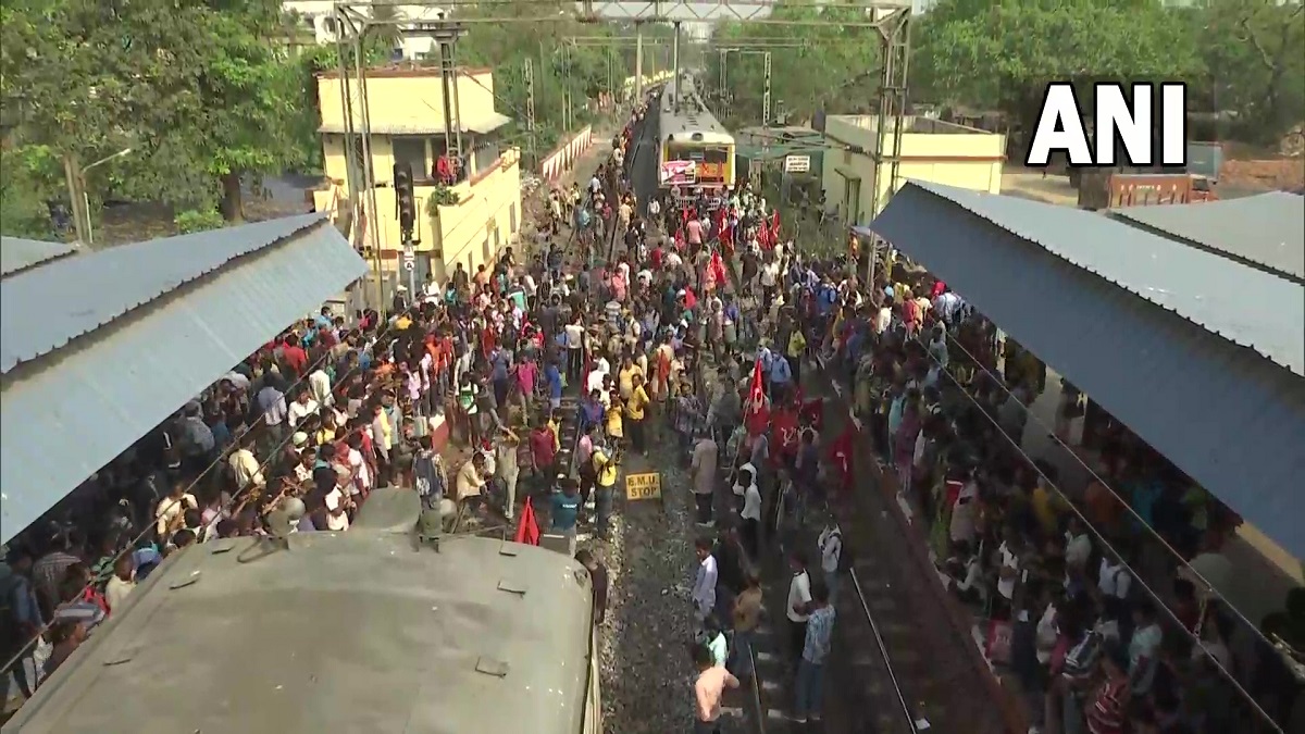 Members from the Left Front block railway tracks at Jadavpur Railway Station in Kolkata