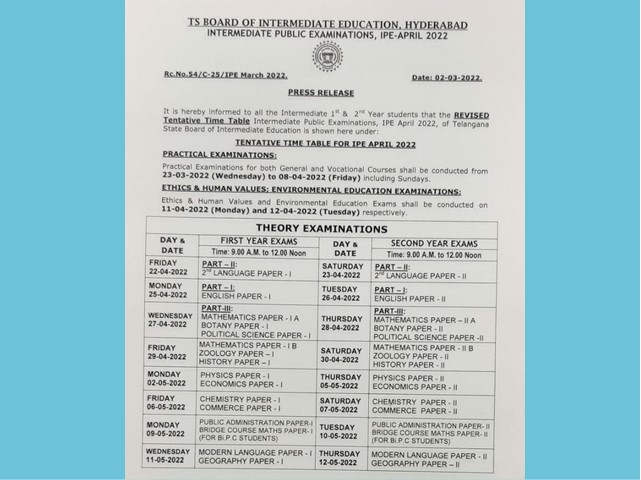 TS Inter Exam 2022 Date REvised