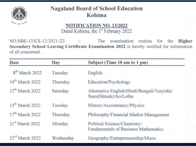 NBSE Nagaland HSLC, HSSLC Routine 2022 Released
