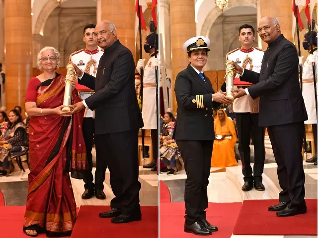 President Ram Nath Kovind awarding Nari Shakti Puraskar to Thara Rangaswamy (Left) and Radhika Menon (Right)