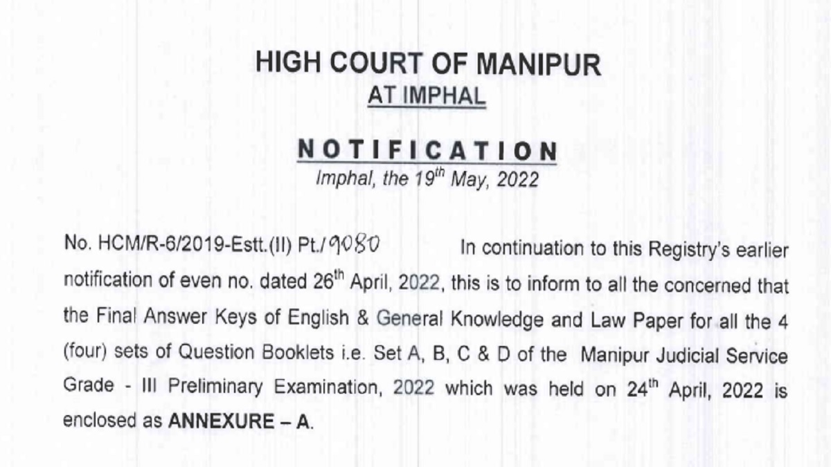 Manipur High Court Judicial Prelims Final Answer key 2022