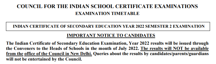 CISCE Result Note 2022