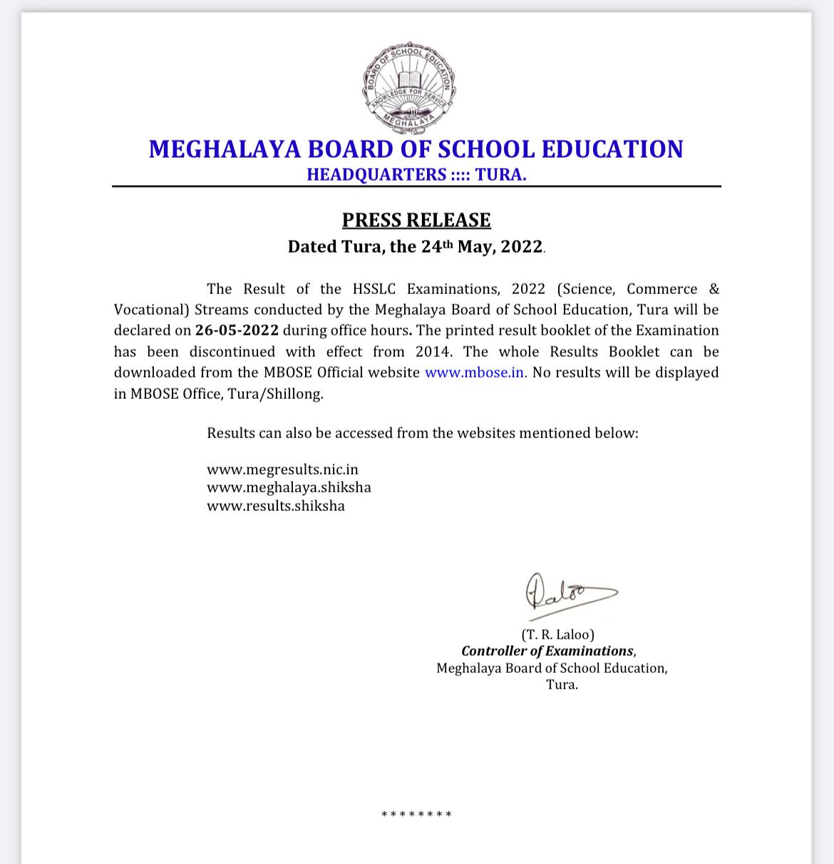 MBOSE 12th Result Notification