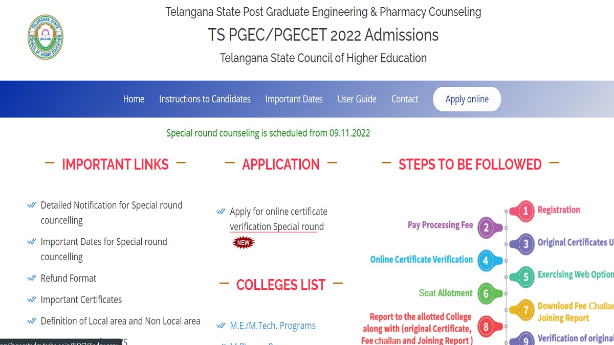 TS PGECET 2022 Special Round