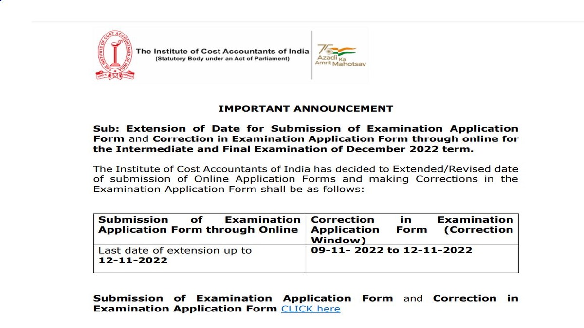 ICMAI CMA December 2022 Exam Form Submission Date Extended