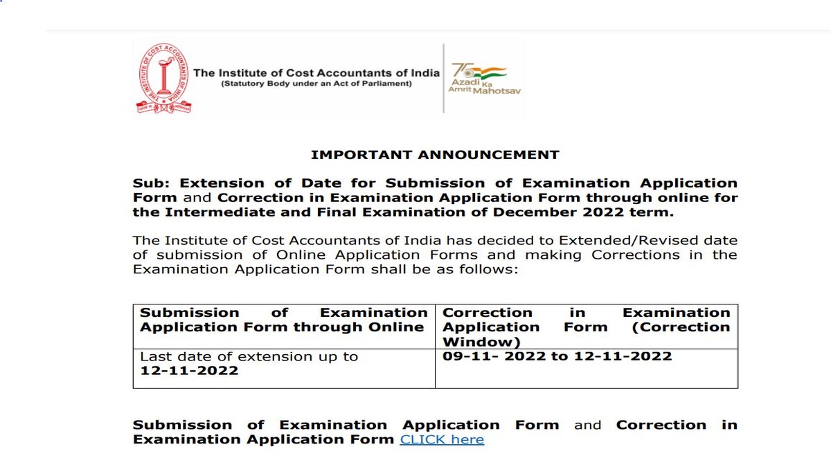 ICMAI CMA December 2022 Exam Form Submission Last Date Extended, Check