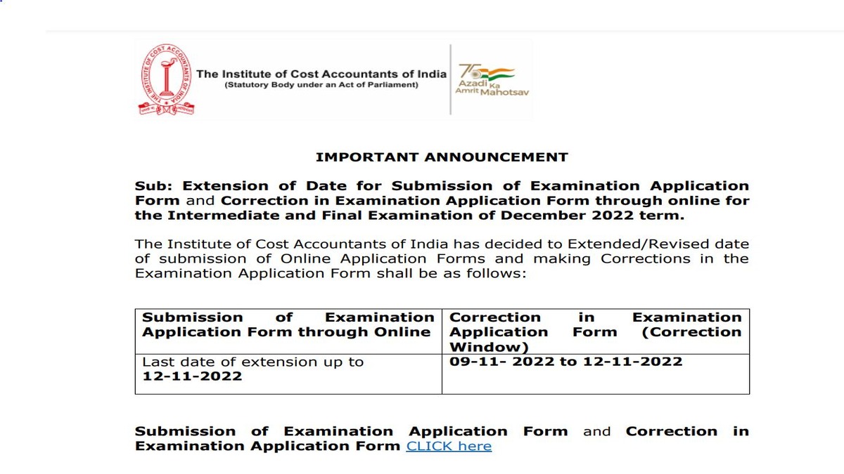 ICMAI CMA December 2022 Exam Form Submission Last Date Extended Check 