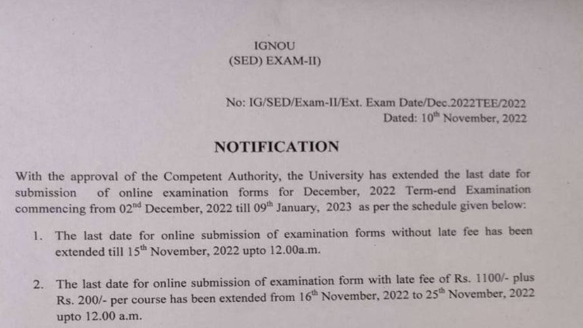 IGNOU December TEE 2022 Exam Form Submission Date Extended