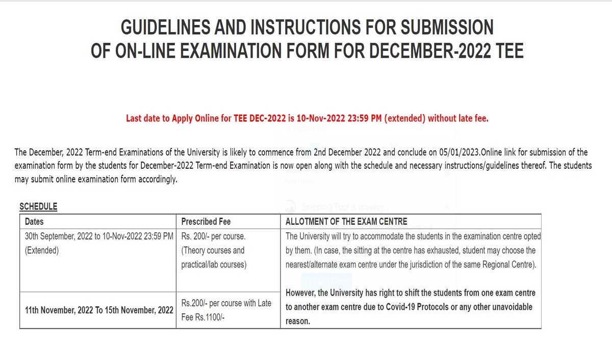 IGNOU TEE December 2022 Exam Form Submission Last Date Today, Get