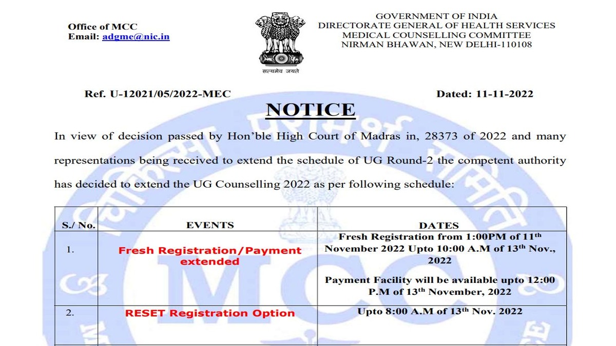 MCC Revises NEET MBBS/BDS Counselling Round 2 Schedule
