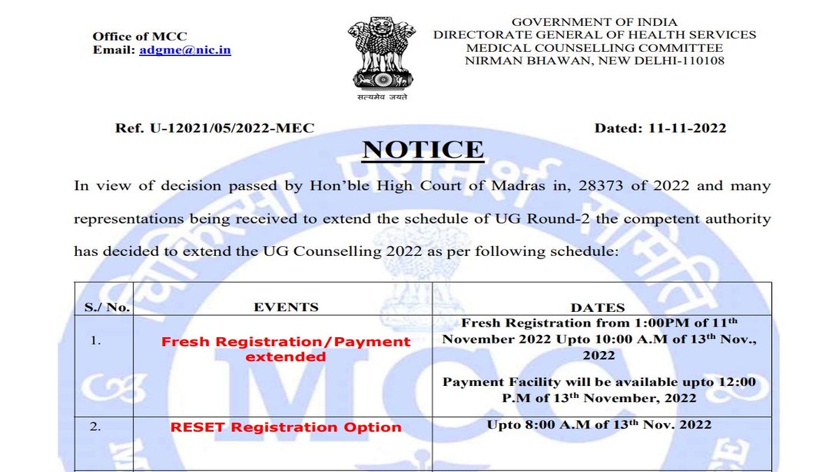 NEET UG Counselling 2022 MCC Revises NEET MBBS/BDS Counselling Round 2