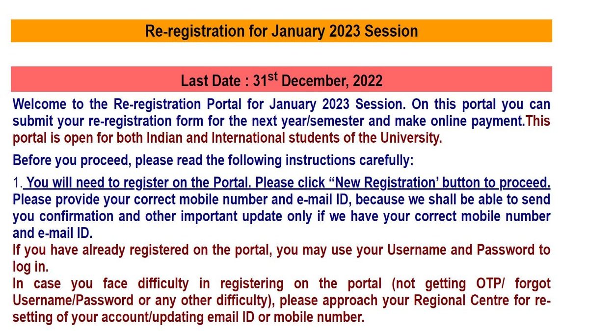 IGNOU Re-Registration 2023 for January Session Starts